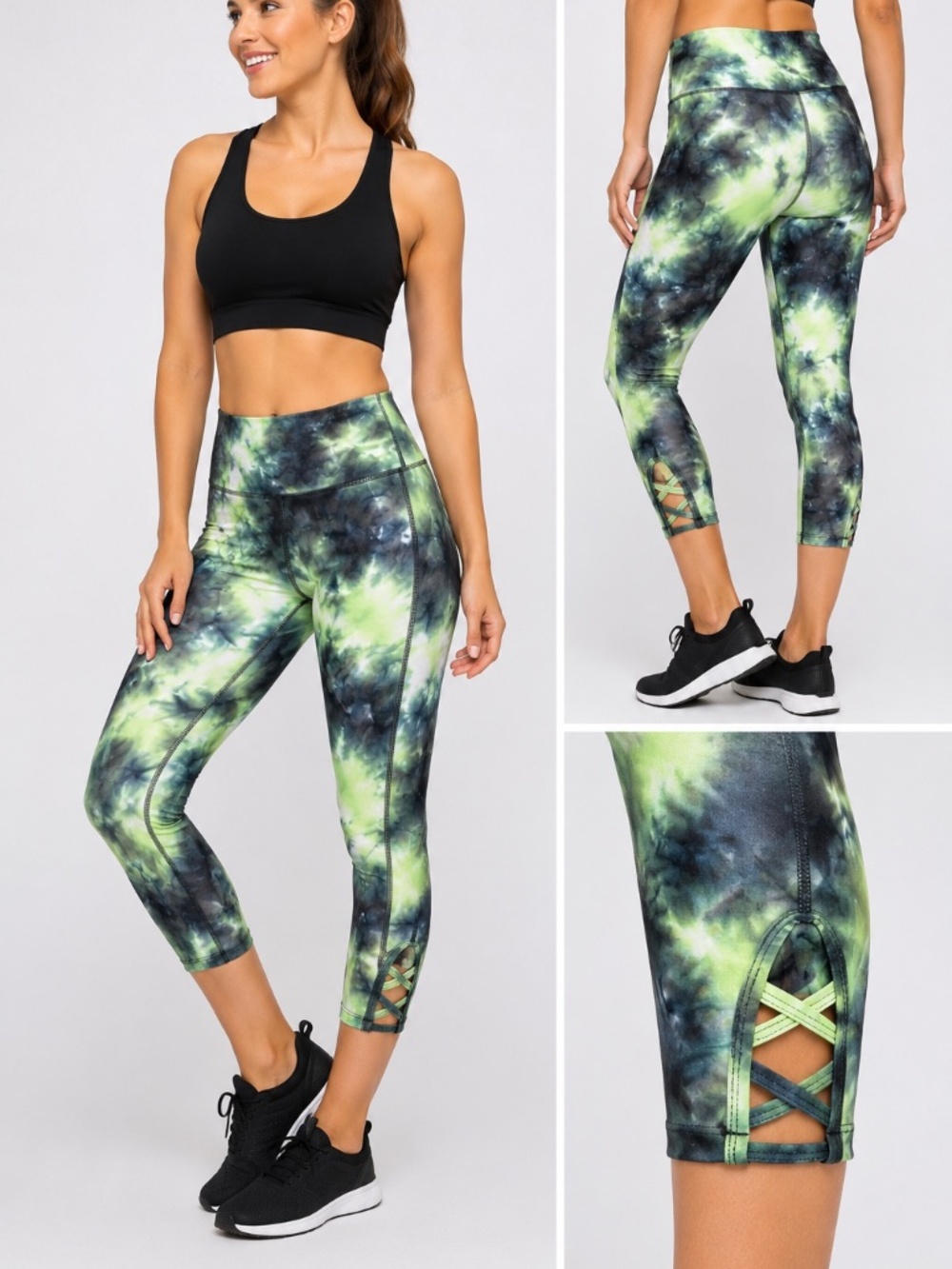 VOGO by Arbortec T Size M  Tie Dye Capri Leggings Green Black Crisscross Ankle